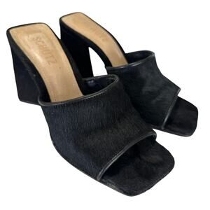 Schutz Lizah Mule Sandals Black Calf Hair Leather Block Heel Womens Size 6